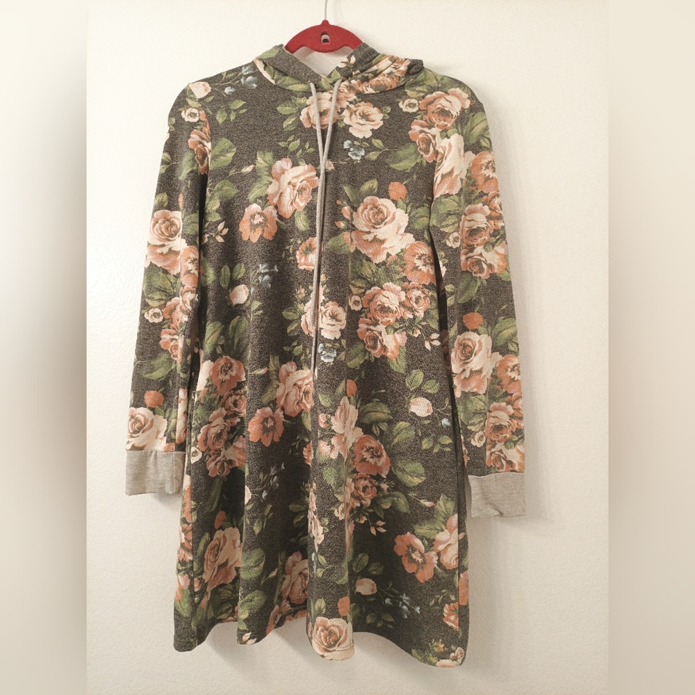Lilypad Rayon Polyester Blend Gray Floral Tunic Hoodie Size S